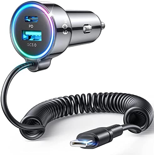 USB C Car Charger, 60W Super Fast Car Charger PD& QC3.0 with 5ft 30W Super Fast Type C Coiled Cable, Car Charger for Samsung Galaxy S23/S22/S21/Google Pixel/Moto/LG/Android, iPad Pro