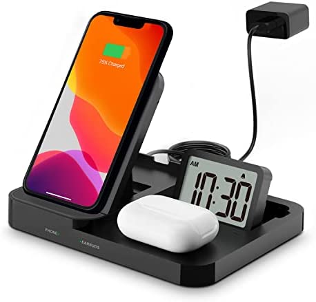 MeesMeek 15W Max Foldable Wireless Charging Station with 18W QC Power Adapter and USB-C Cable, 3 in 1 – Mobile Phone Wireless Charger Dock/Earbuds Qi Pad/Alarm Clock (Black)