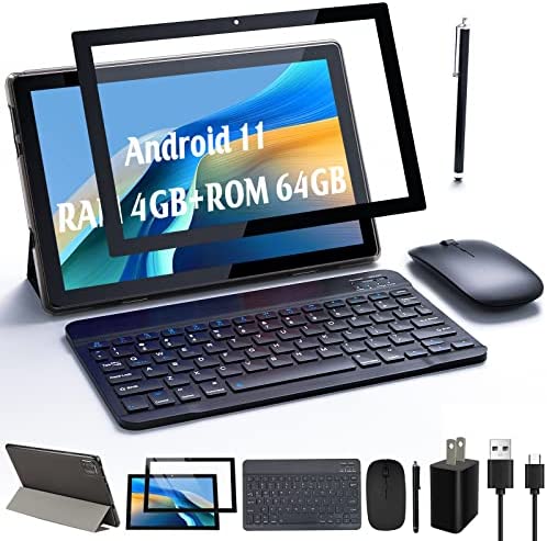 2 in 1 Tablet, 10 inch Tablet Android 11.0 Tablets PC with Keyboard Case Mouse Stylus Film, 4GB RAM+64GB ROM 512GB Expandable Tableta Computer, 10.1 IPS Screen, 2+8MP Dual Camera, WiFi BT Google Play.
